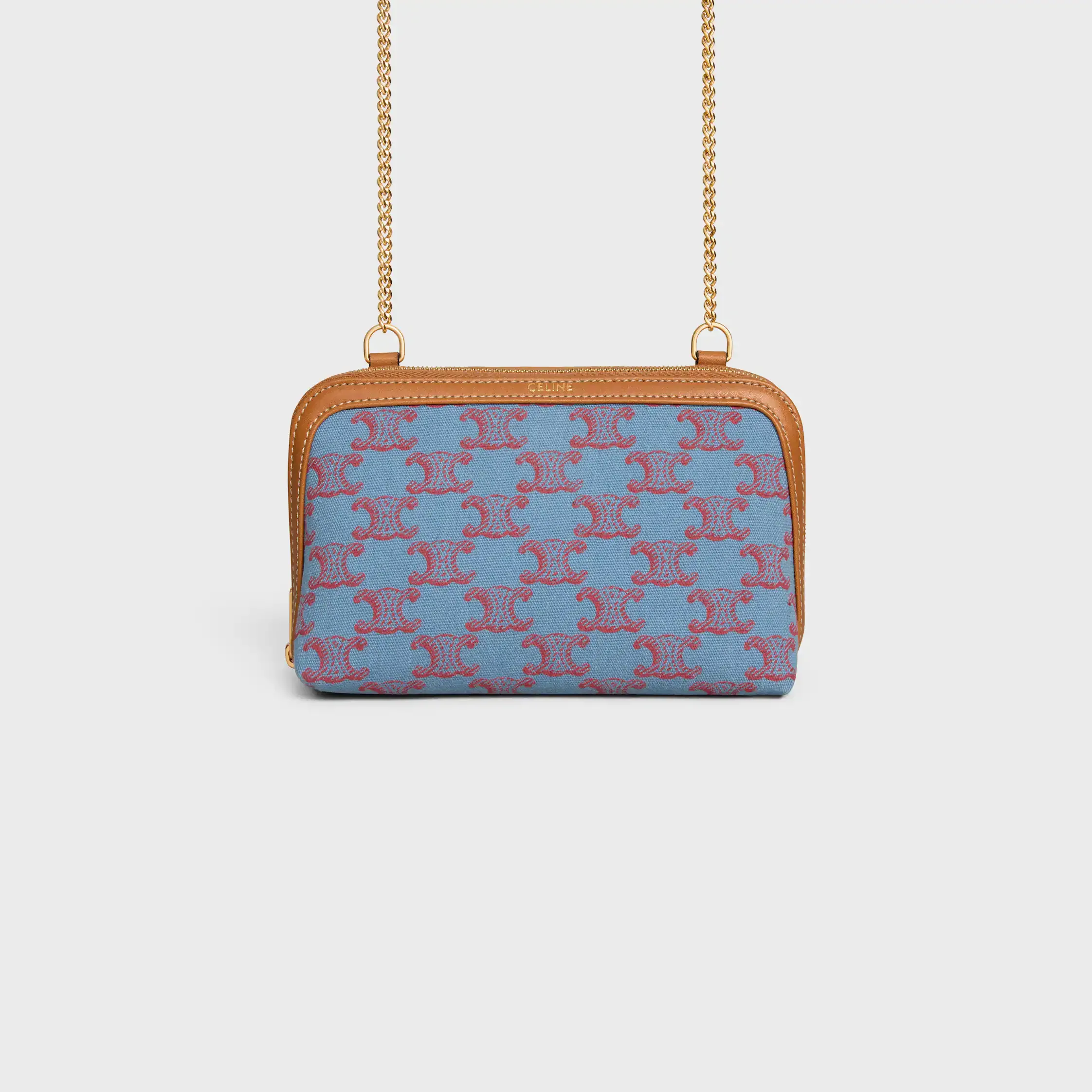 Clutch on Chain IN TEXTILE WITH TRIOMPHE ALL OVER AND NATURAL CALFSKIN