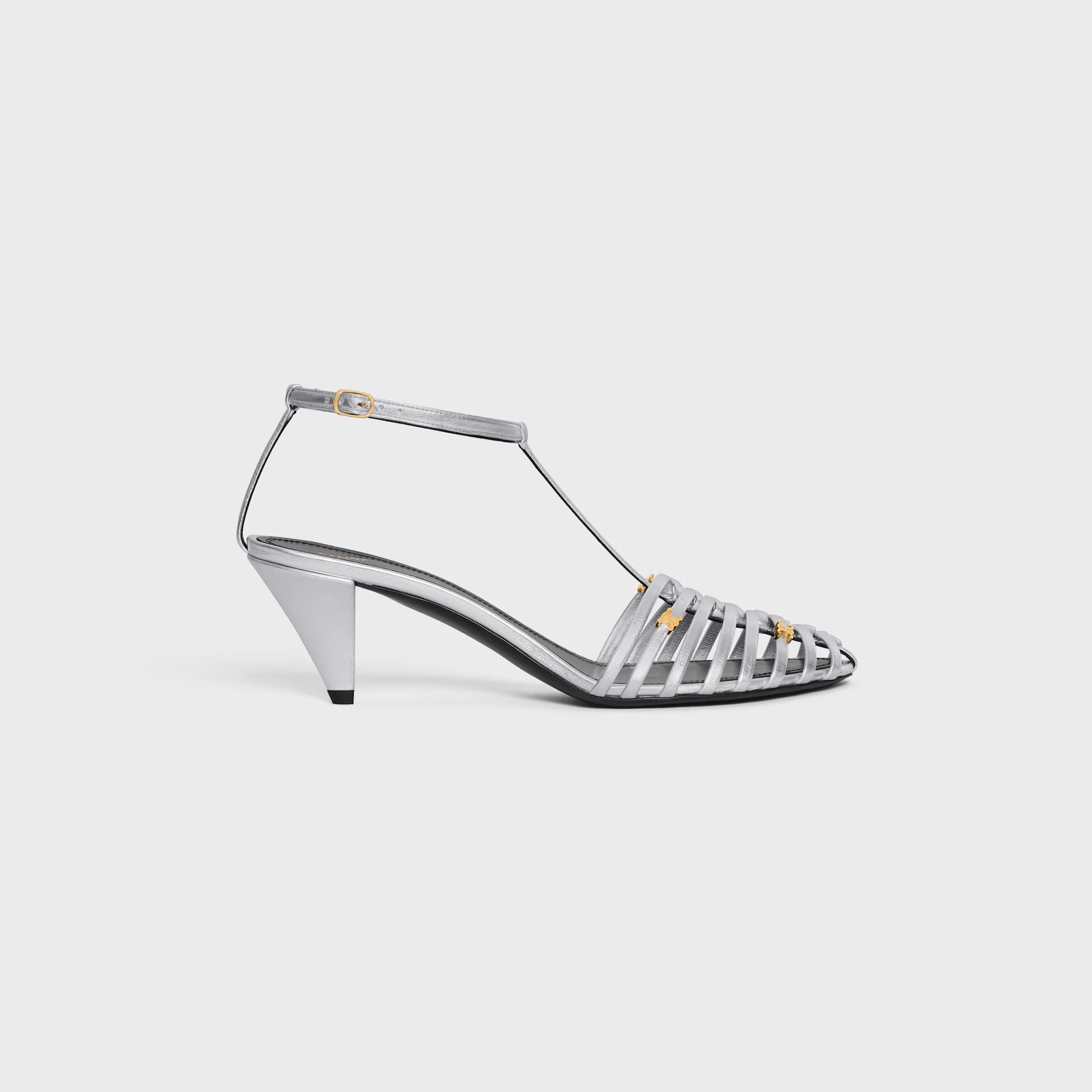CAGE HEELED SANDAL IN LAMINATED LAMBSKIN