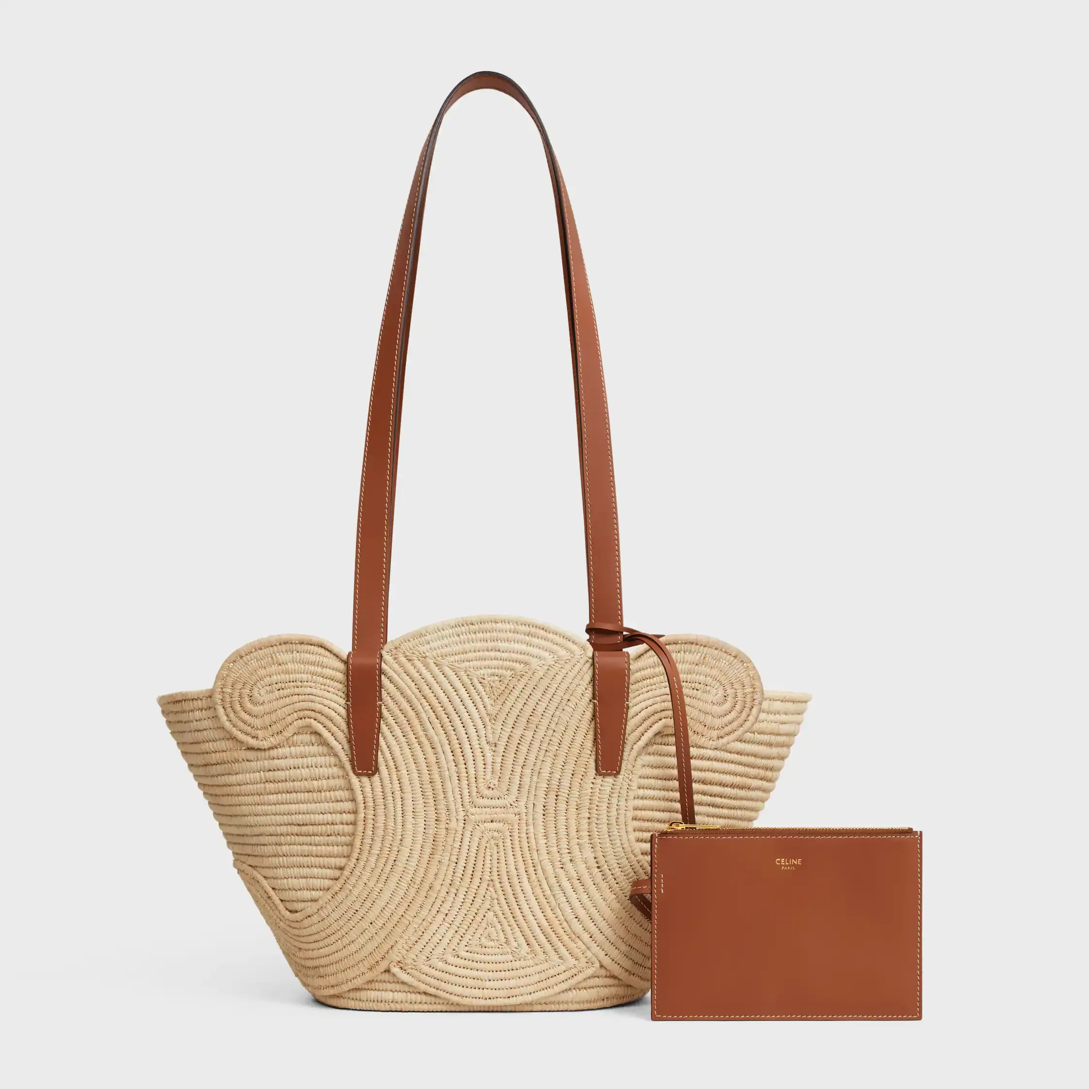 CELINE CLASSIC PANIER SMALL BRAIDED TRIOMPHE in RAFFIA and CALFSKIN
