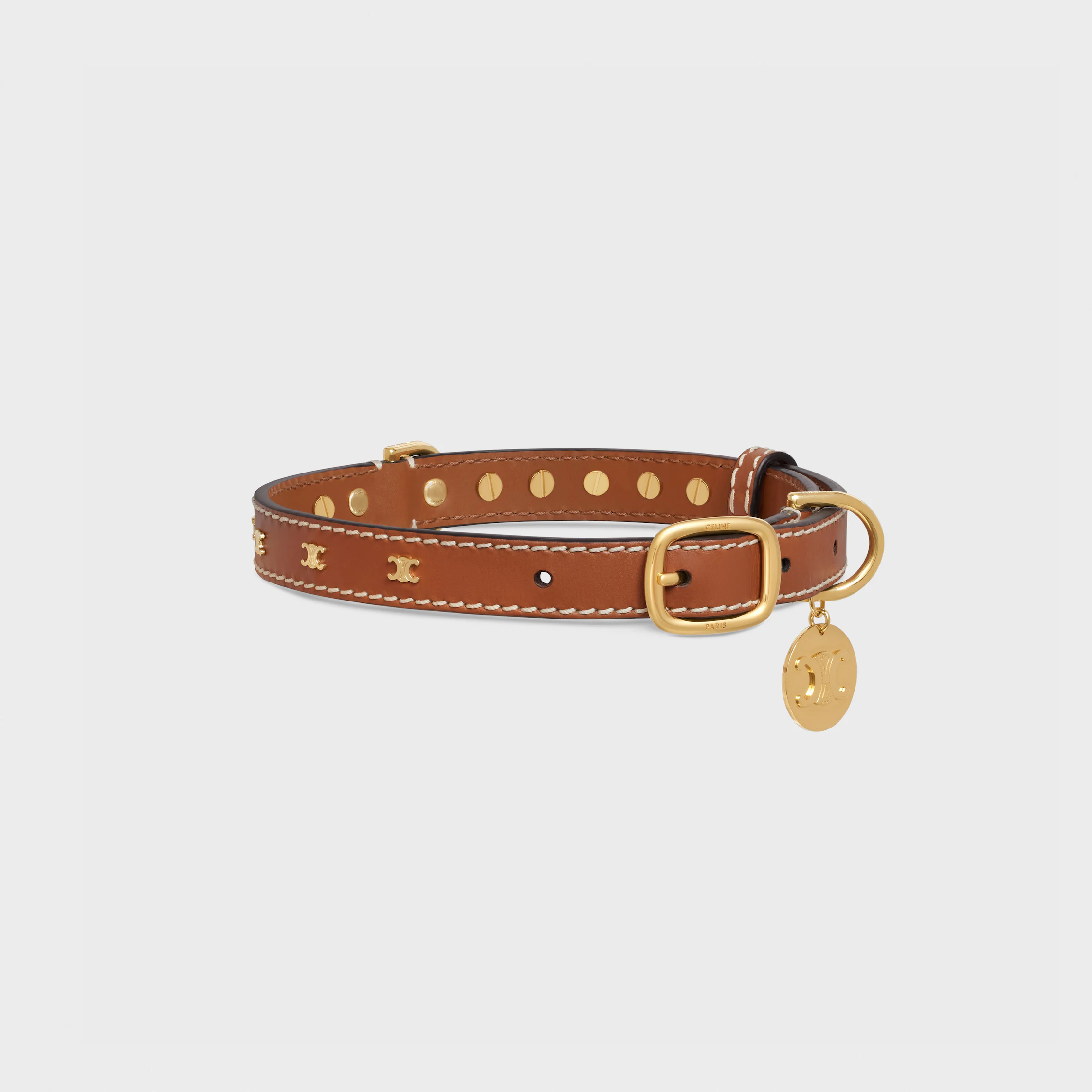 Medium Thin Dog Collar in Smooth Calfskin with Triomphe Studs