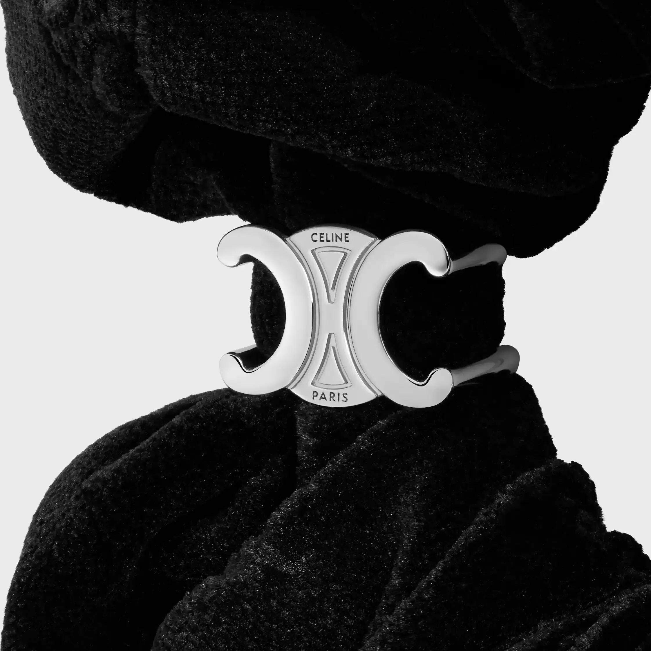 Celine Stamped Scrunchy in Polyester and Brass with Rhodium Finish
