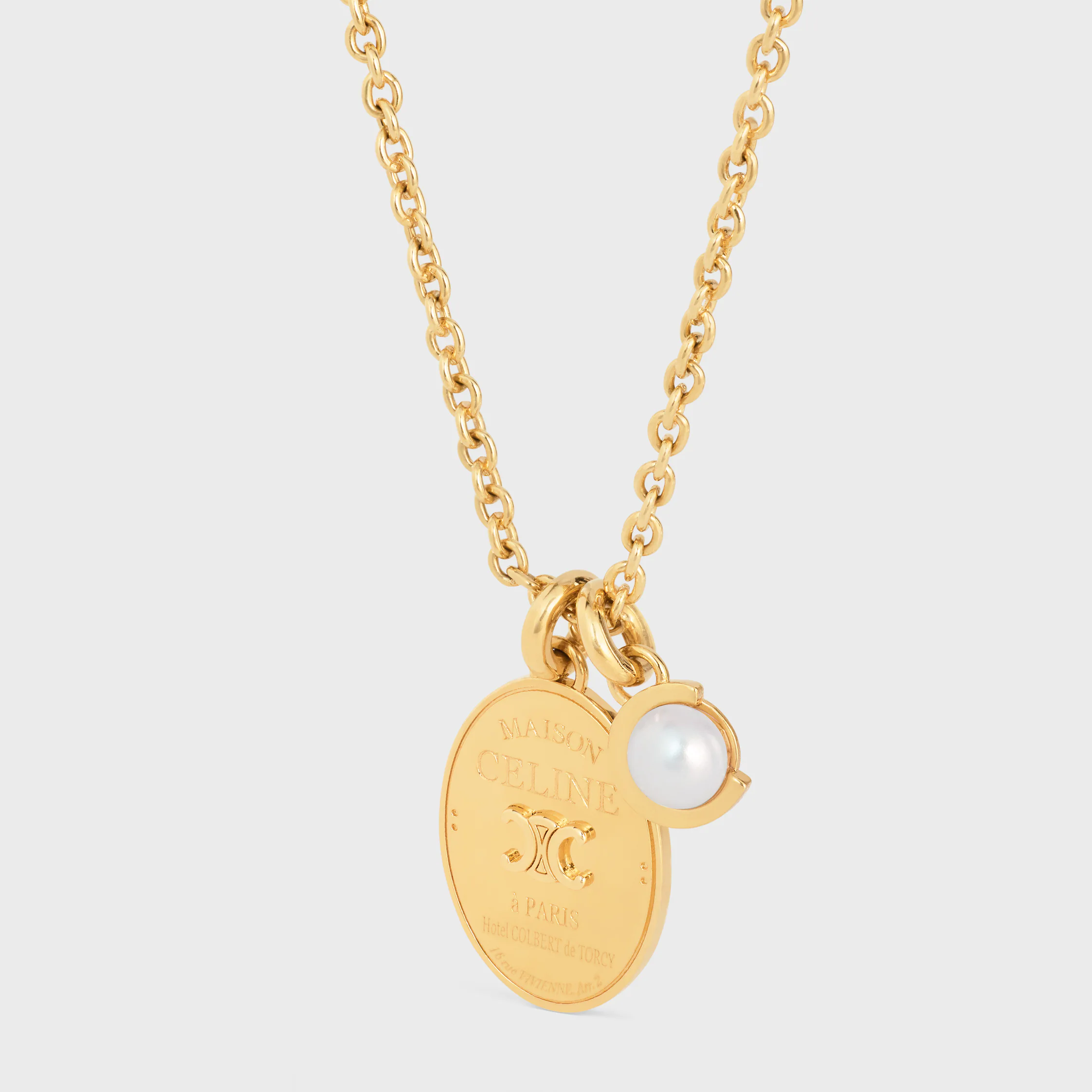 Les Perles Celine Medal Necklace in Resin Pearl and Brass with Gold Finish
