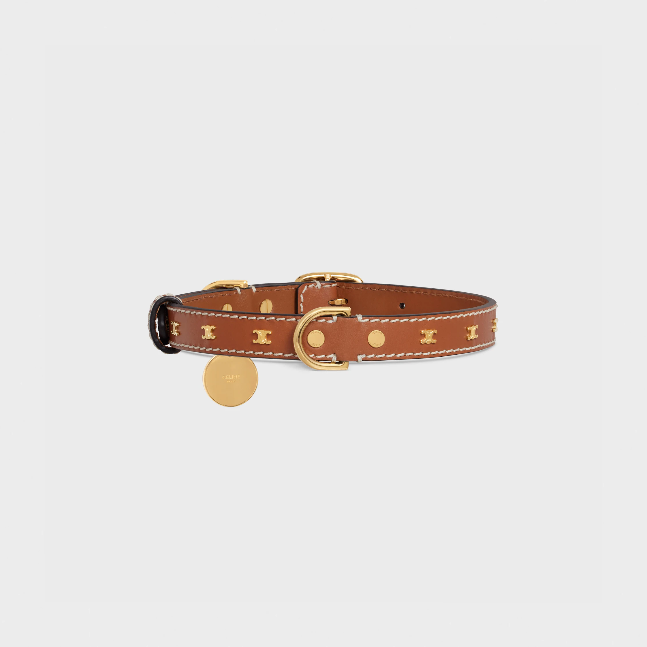 Medium Thin Dog Collar in Smooth Calfskin with Triomphe Studs