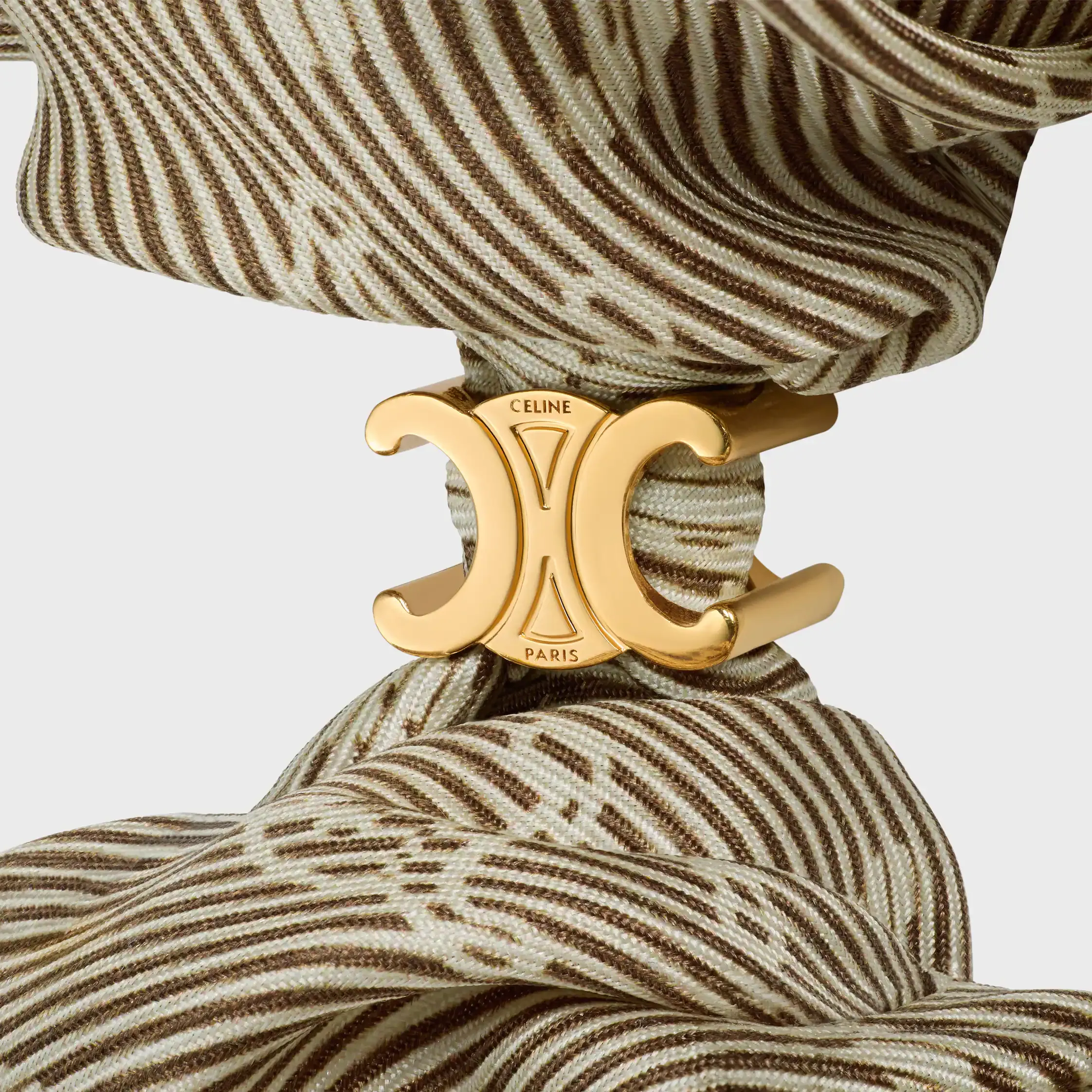 Celine Triomphe Diagonale Scrunchy in Silk and Brass with Gold Finish