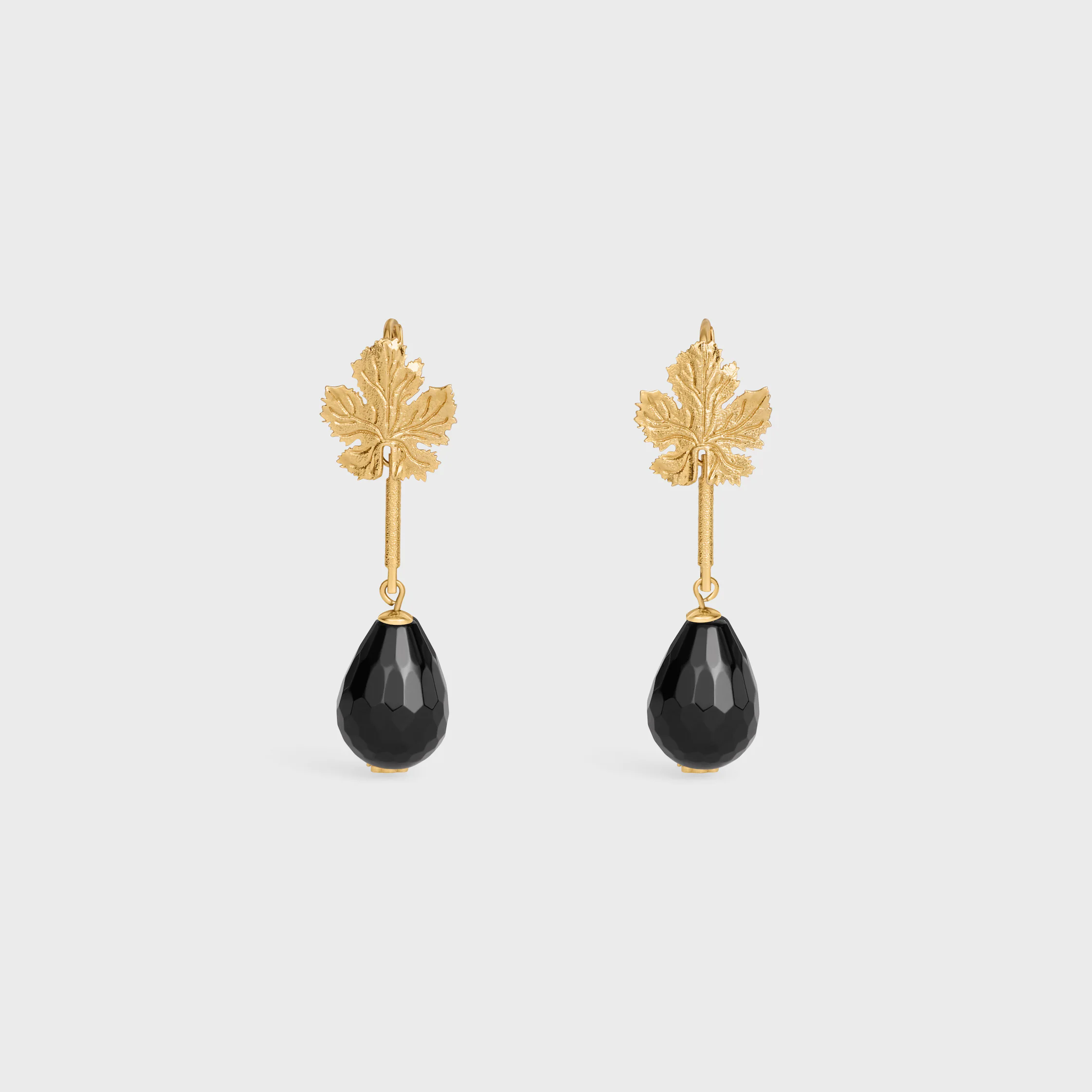 Green Thumb Leaf Earring in Onyx and Brass with Gold Finish